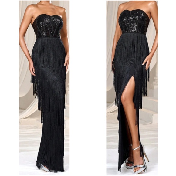 Luxe Strapless Sequin Fringe Party Evening Wedding Dress - Picture 1 of 12
